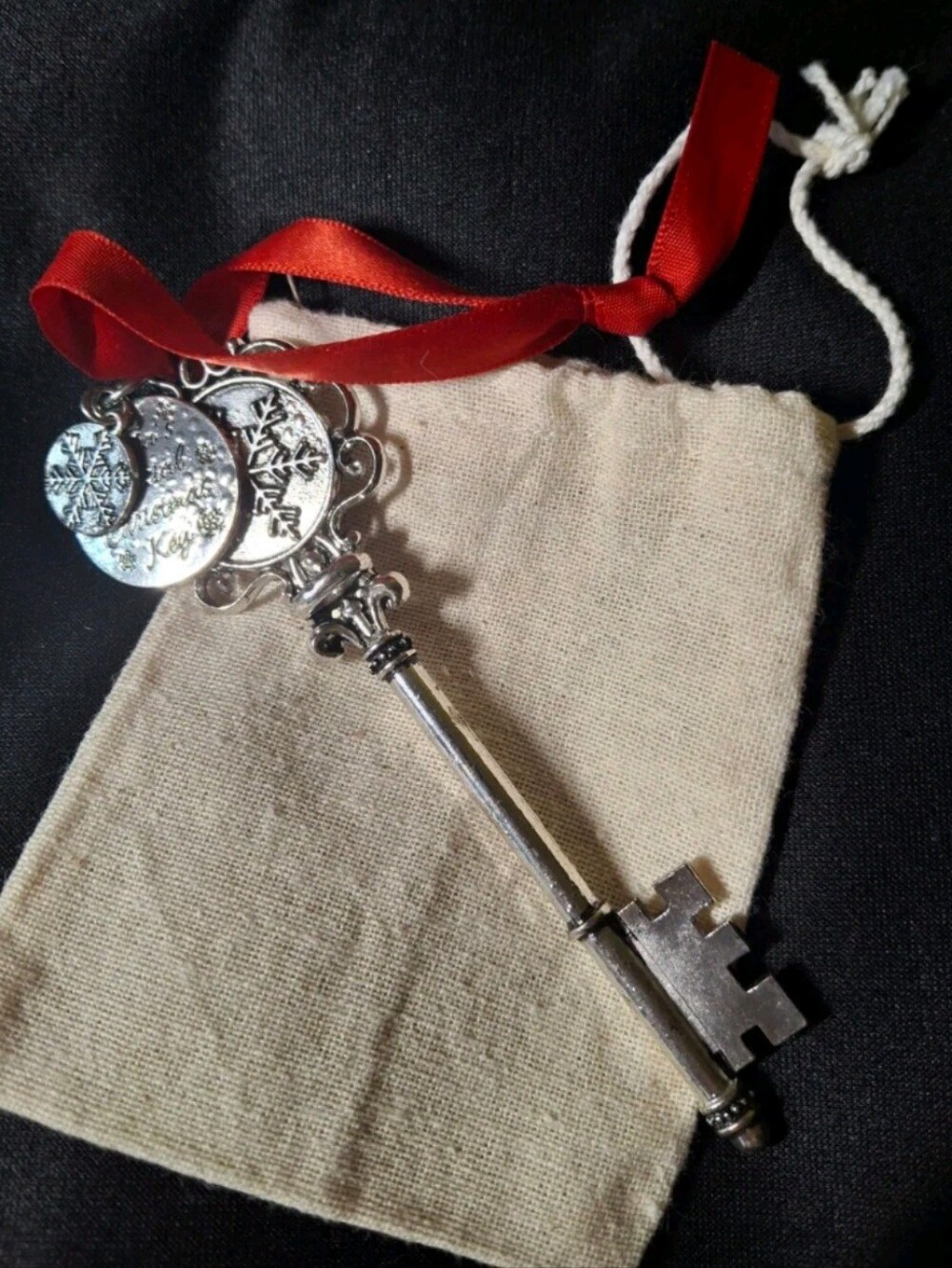 Silver Decorative Key For Santa Ornament with Red Ribbon